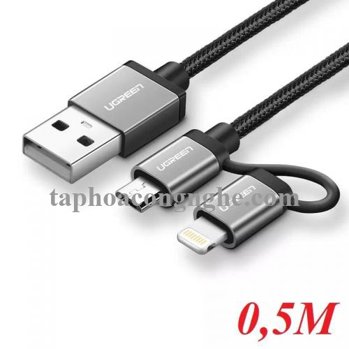 Ugreen 30891 0.5M màu Đen Cáp sạc đa năng USB sang MicroUSB + Lightning US165 30030891
